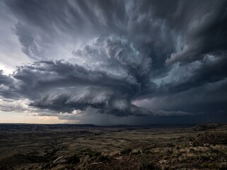 Obraz premium Dramatic supercell thunderstorm clouds gathering over a vast open landscape during a dark and moody evening