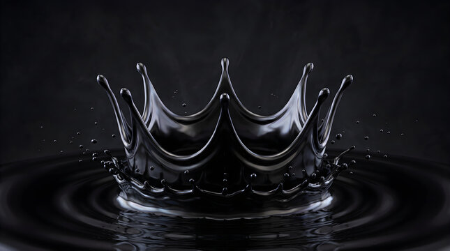 Majestic liquid crown sculpture formed from glossy black oil splashing against dark background with dramatic studio lighting and reflective surface ripples creating elegant artistic motion