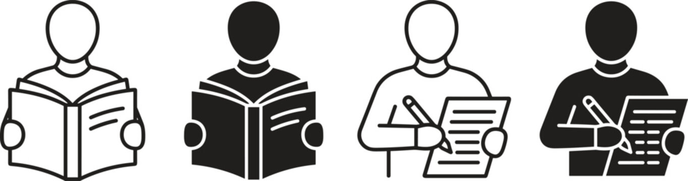 Set of icons representing reading a book and writing on a paper document