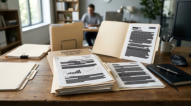 Confidential documents with redacted text on a wooden office desk