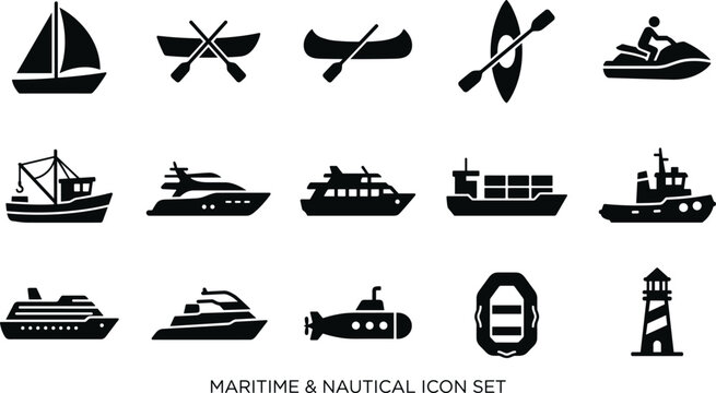 Set of maritime and nautical icons featuring various types of boats, ships, vessels, and a lighthouse
