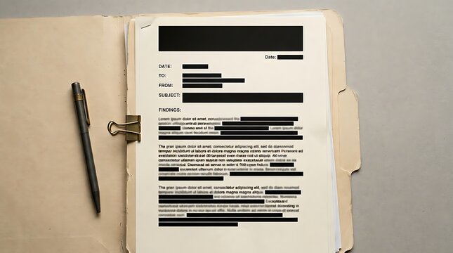 Open manila folder with redacted document and black pen