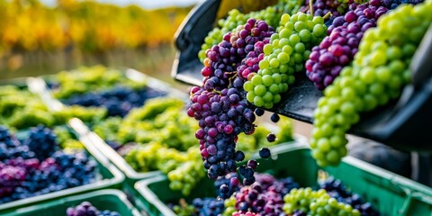 Fototapeta premium Freshly harvested green and purple grapes spill from black crates into green bins, showcasing vibrant colors and abundance in a sunny vineyard setting.