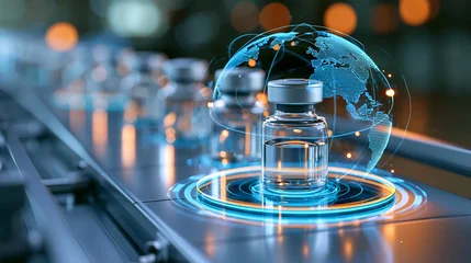 Global healthcare logistics concept, sterile injectable drug bottles traveling on conveyor, holographic international shipping network, defocused pharmaceutical distribution, with © Nataliya