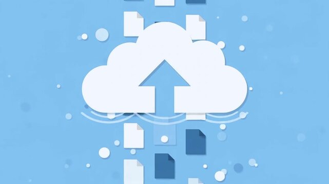 Cloud computing upload animation with files flying into cloud server motion graphics