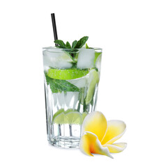 Tasty refreshing cocktail and plumeria flower on white background © New Africa