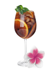 Tasty refreshing cocktail and plumeria flower on white background © New Africa