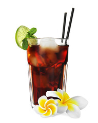 Tasty refreshing cocktail and plumeria flowers on white background © New Africa