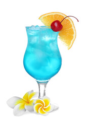 Refreshing cocktail and plumeria flowers on white background © New Africa