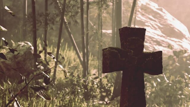 In a serene forest setting, a weathered gravestone stands amidst vibrant greenery. Sunlight filters through the trees, creating a calm and reflective atmosphere.