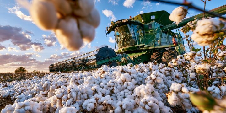 A green cotton harvester operates in a vast field of fluffy white cotton under a bright blue sky with scattered clouds, capturing the essence of agricultural harvest at golden hour.