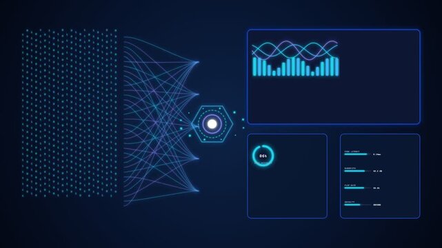 Digital neural network with sound wave analytics and data processing interface in futuristic tech