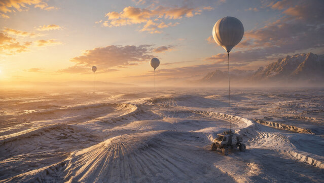 Tethered survey balloons mapping ridges across an ancient dry seabed at sunset, combining aerial research, planetary geology and exploration, for future transport, engineering and adventure concepts
