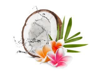 Coconut half with splashing water, plumeria flowers and green leaf isolated on white © New Africa
