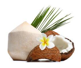 Coconuts, plumeria flower and green palm leaf isolated on white © New Africa