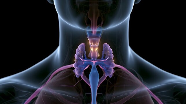 Anatomical visualization of the human endocrine system with highlighted glands and vascular structures in a translucent human torso