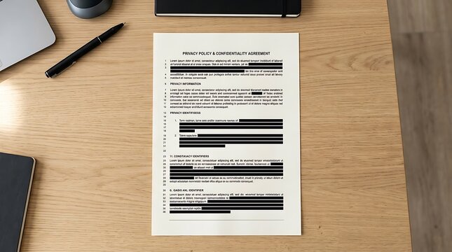 Privacy policy document with black redacted text on wooden desk