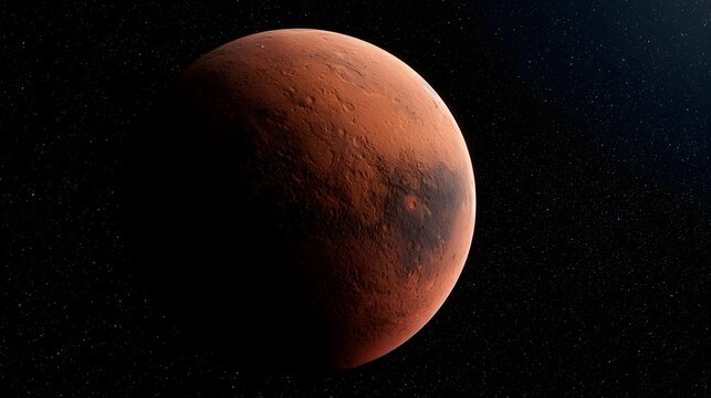 A reddish planet with a textured surface is illuminated against a star filled black sky  showcasing its craters and geological features