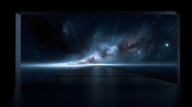 A cosmic scene with a starry night sky and a glowing horizon  framed by a dark structure  evoking a sense of space explo n