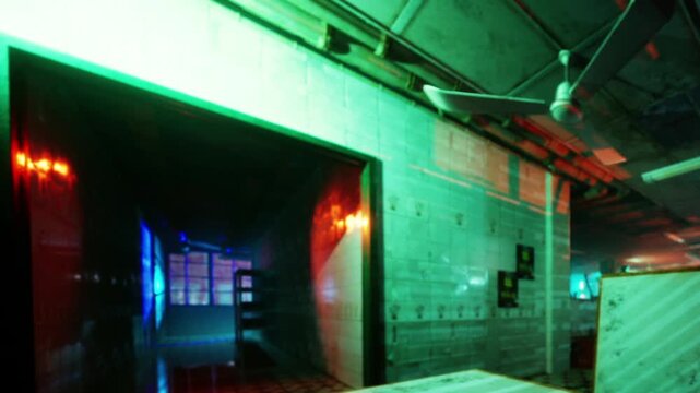In an eerie industrial setting, vibrant colored lights illuminate worn walls and empty rooms. The atmosphere is both captivating and haunting, sparking intrigue about stories untold.