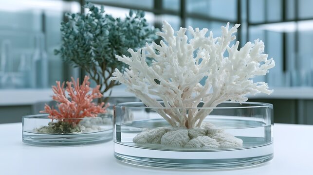 White coral specimen in glass dish with pink coral and green plant in background on white table