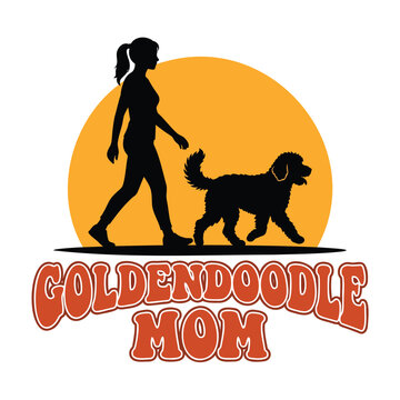 Silhouette of a woman walking a goldendoodle dog in front of an orange sun with the text goldendoodle mom in a retro font style