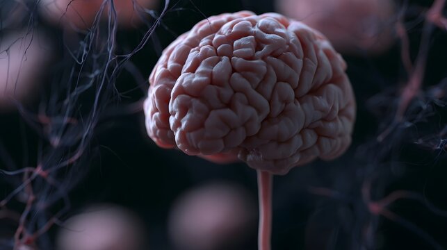 A detailed human brain model with visible neural connections and textured surface in a dark scientific environment