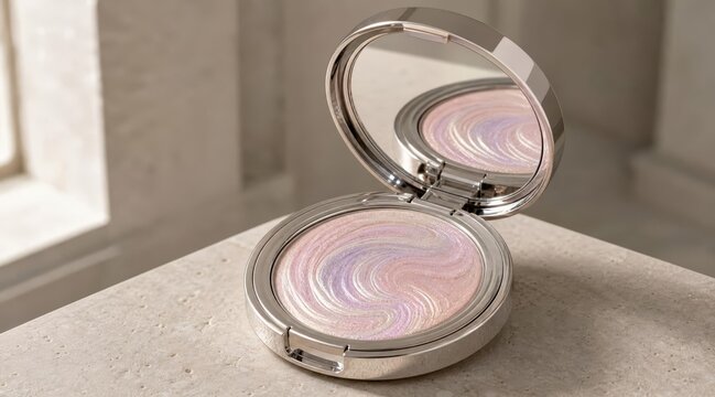 Luxury cosmetic compact case with iridescent pressed powder