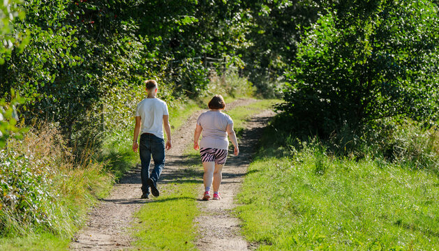 Two people walking along peaceful woodland trail in afternoon sunlight.