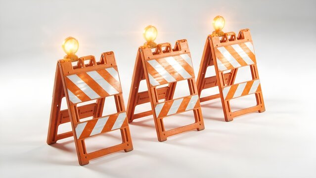 Orange and white plastic construction barricades featuring illuminated warning lights arranged neatly against a plain studio background to indicate safety zones for workers and pedestrians