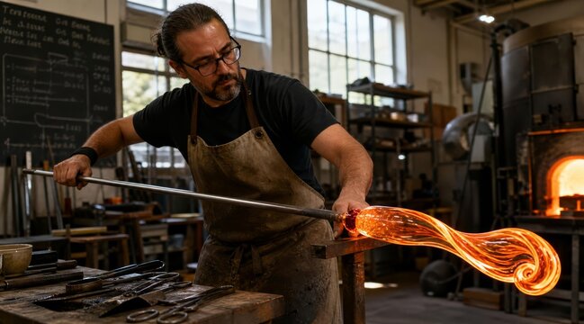 Artisan glassblower shaping molten glass in workshop