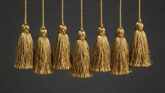 Elegant golden tassels hanging in a perfectly symmetrical row against a clean dark grey background showing luxury home decor trim elements for interior design projects