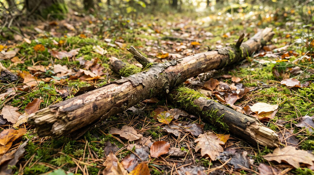 Old wooden log lying on moss ground in forest among autumn leaves. Concept of stick, wood, branch, fallen leaves, nature, outdoor, natural. Copy space.
