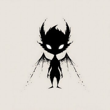 Shadowy imp character with glowing eyes and tattered wings features minimalist black ink drawing style aesthetic