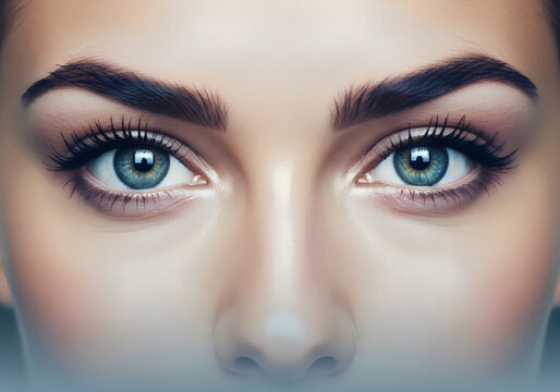 Close up portrait of captivating blue eyes with long eyelashes and defined eyebrows showcasing flawless skin texture and natural beauty