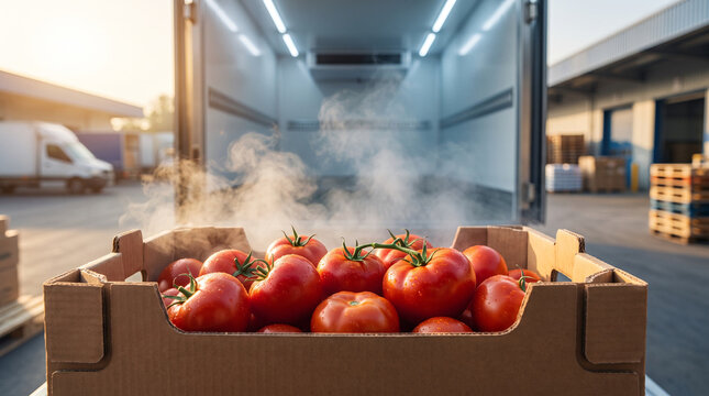 Fresh Ripe Tomatoes in Cardboard Crate Inside Refrigerated Delivery Truck
