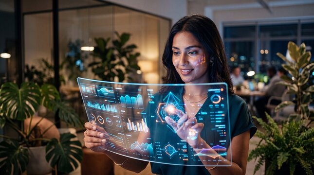Young South Asian Woman Analyzing Data on Transparent Screen