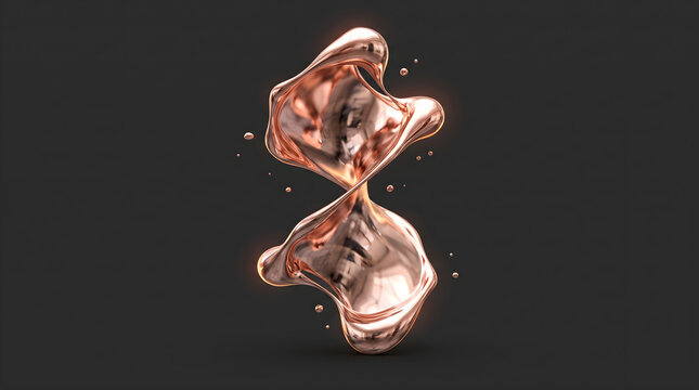 Liquid rose gold metal sculpture flowing in elegant abstract shapes against a dark grey background captured with high quality studio lighting for a luxury effect
