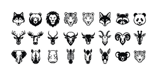 Fototapeta premium Collection of stylized animal heads and faces in a clean, modern emblem style