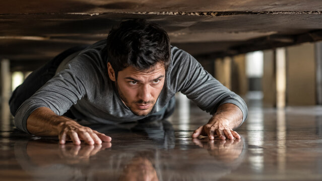 Determined young man crawling in a tight space under a low ceiling indoors. Concept of claustrophobia, escape, searching, focused, struggle, narrow.