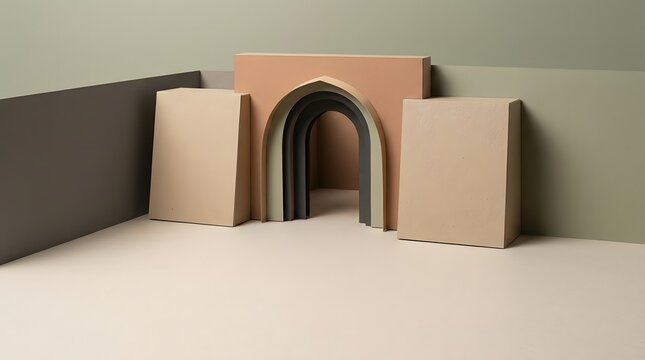 Minimalist architectural composition featuring a series of nested archways in muted earth tones, beige, and sage green on a flat surface