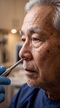 Senior East Asian Male Patient Receiving Nasal Rhinoscope Examination