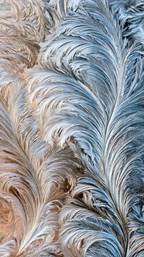 Winter frost patterns forming fern-like ice crystals on a window, creating a delicate natural texture of frozen water in shades of blue and brown on a cold day