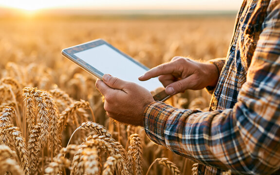 Close up of male hands using digital tablet in golden wheat field
