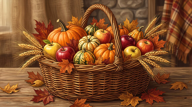 A rustic wicker basket filled with colorful pumpkins gourds and autumn apples sitting on a wooden table indoors