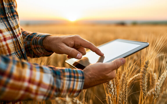 Close up of male hands using digital tablet in golden wheat field