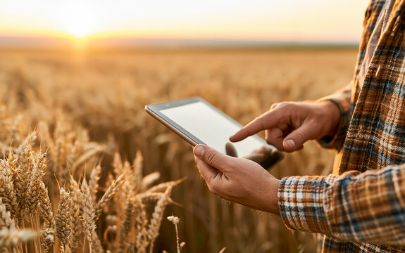 Close up of male hands using digital tablet in golden wheat field