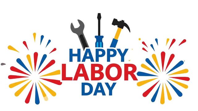 Happy labor day graphic animation featuring vibrant colorful fireworks and essential mechanical construction tools displayed in a bright digital motion video