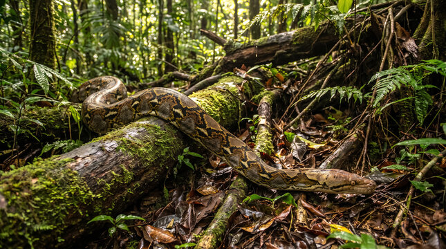 Reticulated python slithering on a mossy fallen tree trunk in lush tropical rainforest habitat. Concept of large, crawling, snake, jungle, wildlife, reptile.