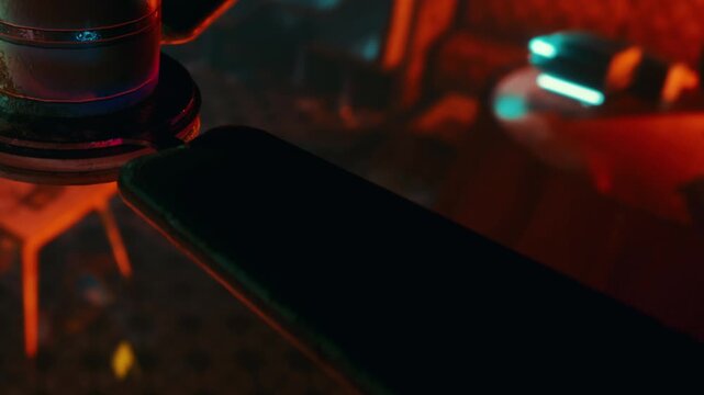 A vibrant cafe glows under colorful neon lights during a late night gathering. Reflections dance on the tables as patrons enjoy drinks, creating a lively atmosphere filled with excitement.